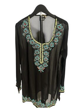 Black Beaded Embroidered Women's Tunic with Turquoise Accents